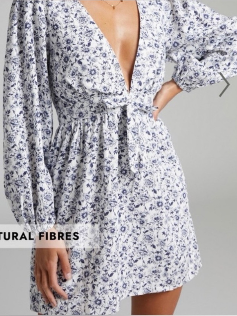 NWT SHOWPO Linen Blend Floral Plunge Neck Ballon Sleeve Mini Dress w/Bow Size 2